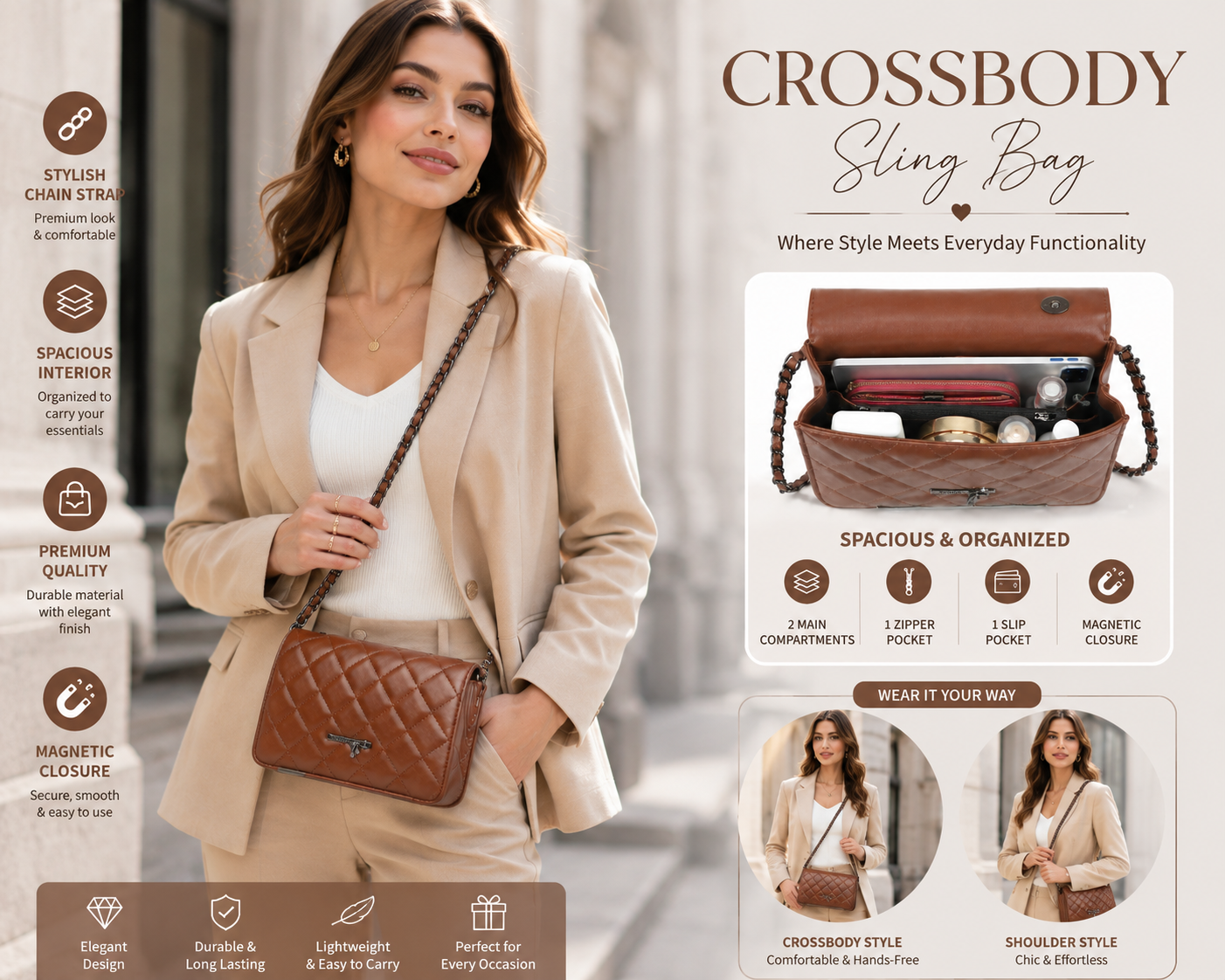 Sharza Quilted Sling Bag - Tan Brown Model View