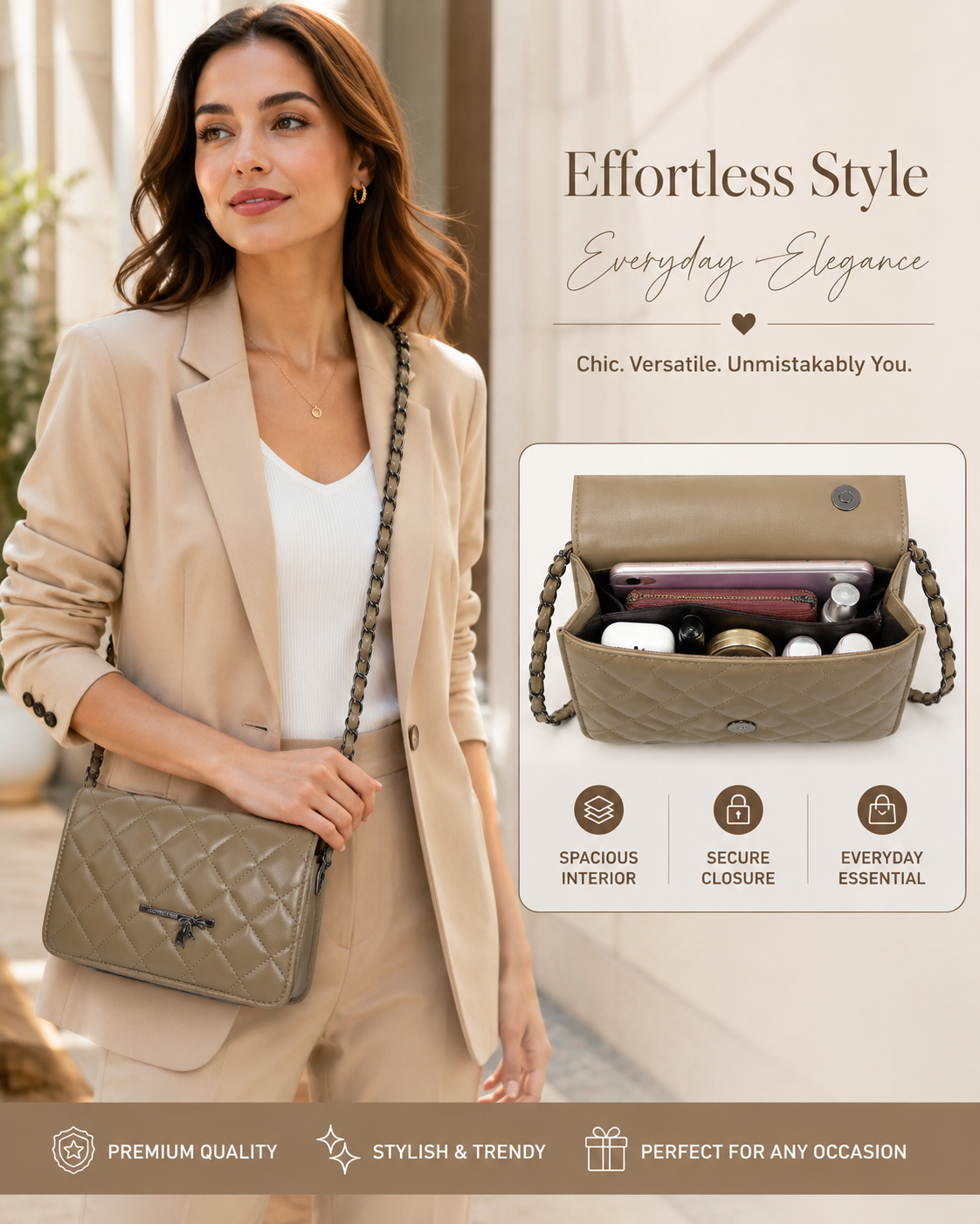 Sharza Quilted Sling Bag - Beige Model View