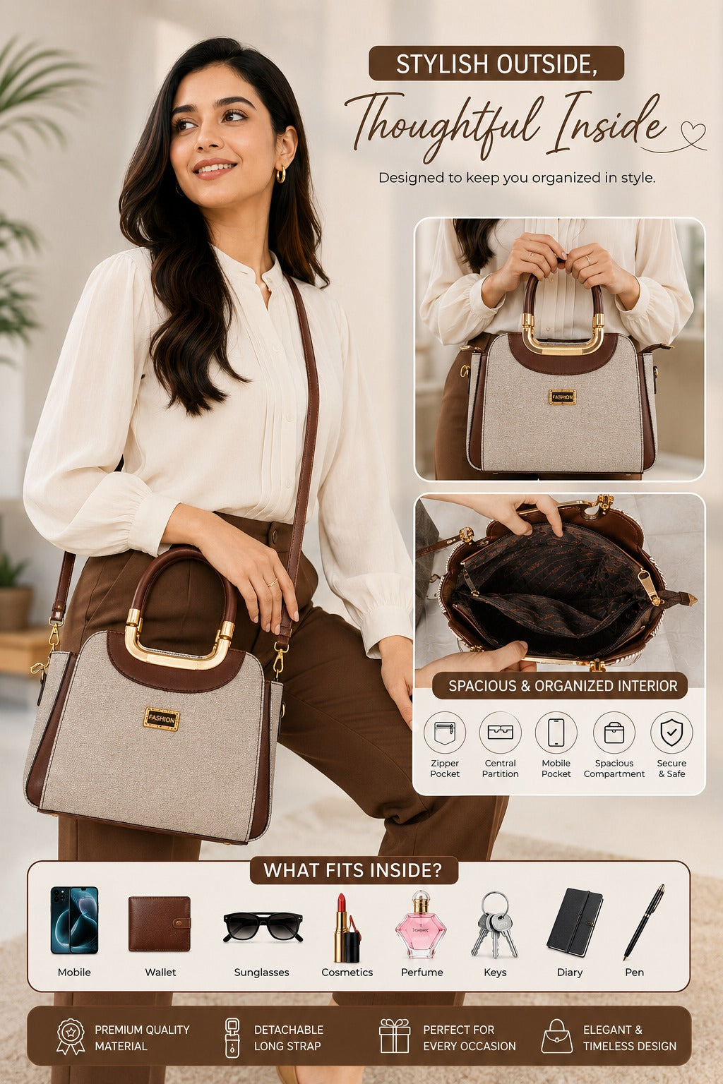 Women’s Structured  Contrast Satchel Bag with Top Handle & Detachable Sling Strap
