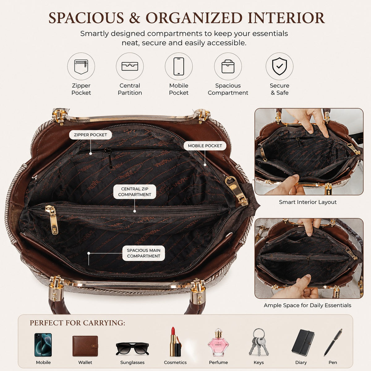 Women’s Structured  Contrast Satchel Bag with Top Handle & Detachable Sling Strap
