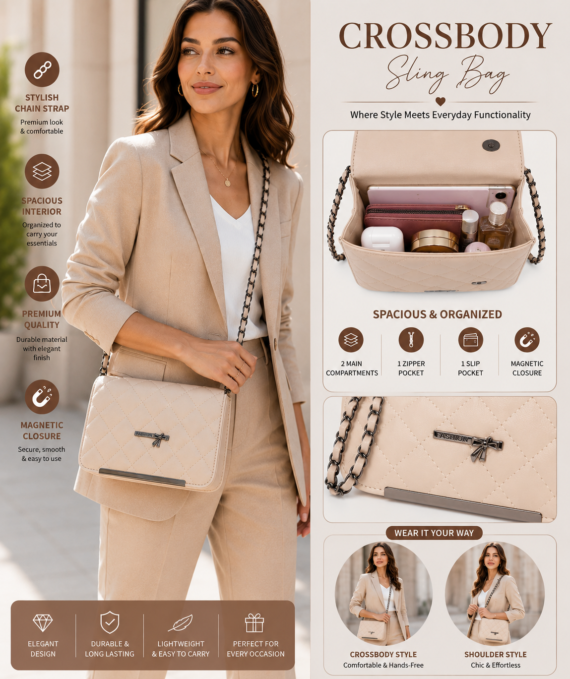 Sharza Quilted Sling Bag | Women's Crossbody | Tan & Beige