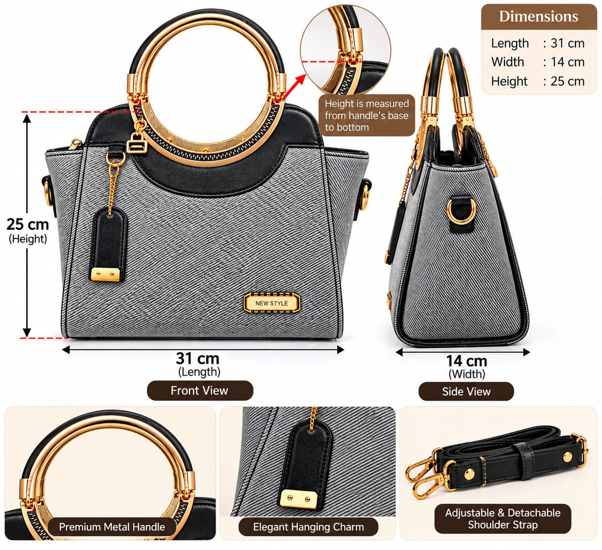 SHARZA FASHION Women's Handbag | Premium Ladies Tote & Shoulder Bag with Detachable Strap
