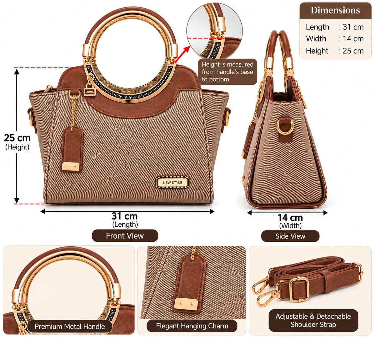SHARZA FASHION Women's Handbag | Premium Ladies Tote & Shoulder Bag with Detachable Strap