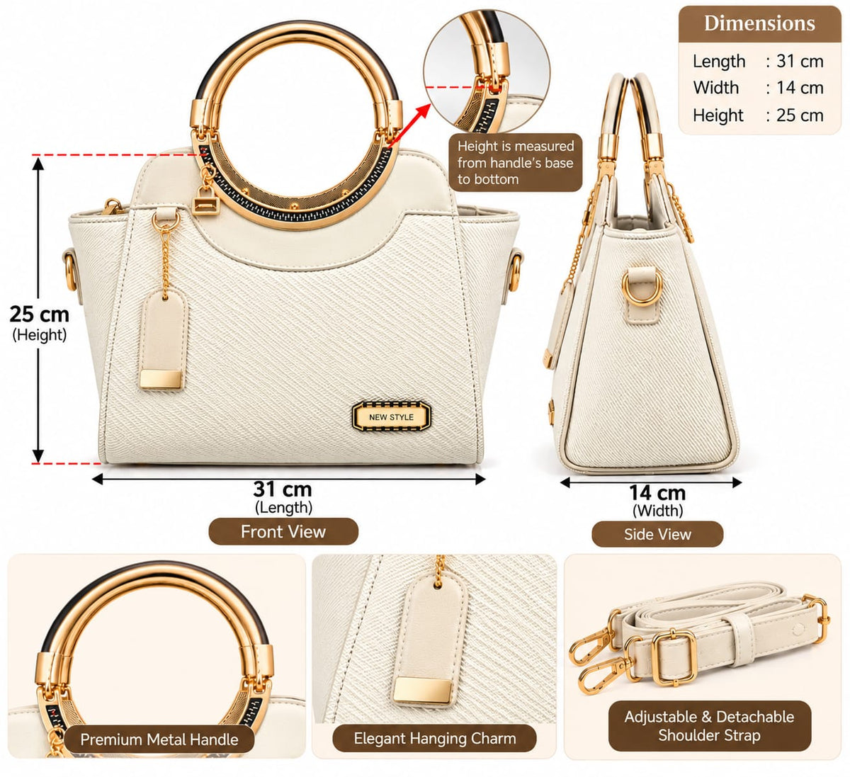 SHARZA FASHION Women's Handbag | Premium Ladies Tote & Shoulder Bag with Detachable Strap